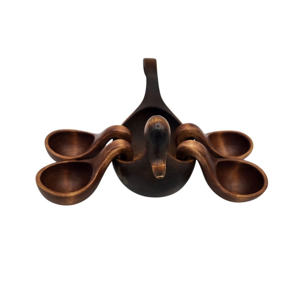Vintage Decorative Lightweight Wooden Carved Duck Bowl With Four Ladles Souvenir